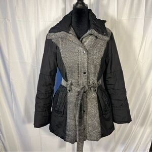 Sold.   New York & Company Black and Gray Tweed Puffer Coat With Hood